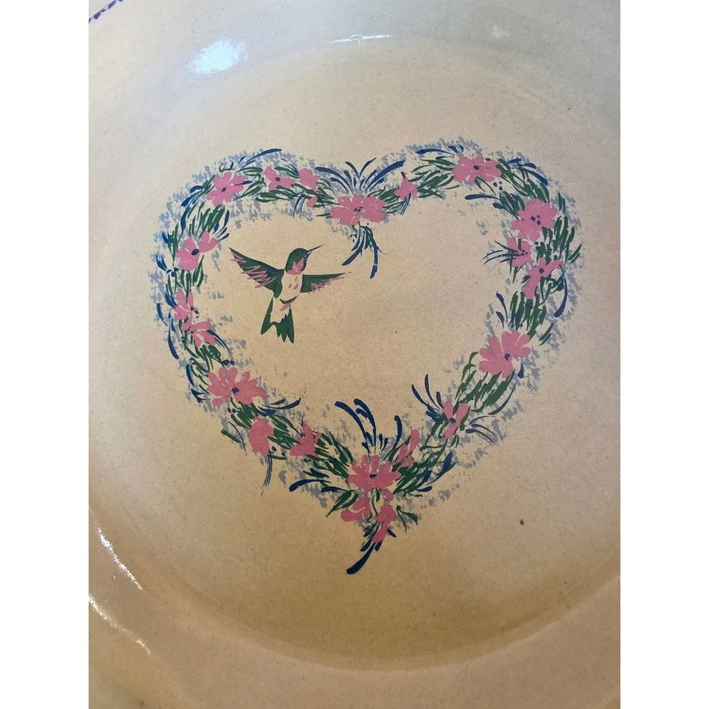 Vintage 1999 Home & Garden Party Hummingbird Floral Heart Stoneware Plates Set 2